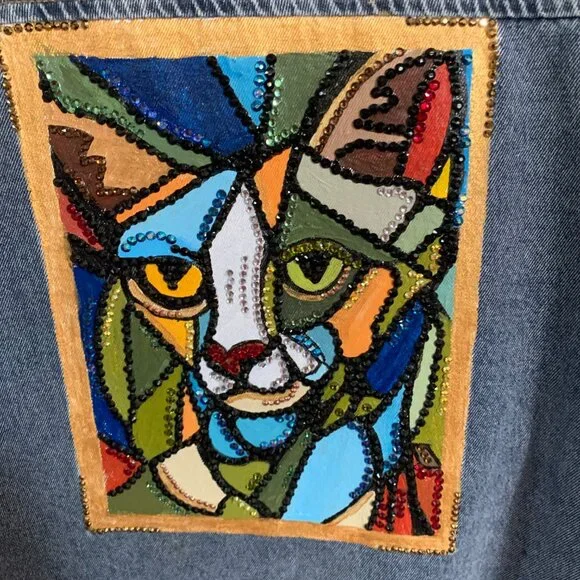 Hand Painted One Of A Kind, Bedazzled, Up-Cycled Denim Jacket Geometric Cat Face - Picture 2 of 11